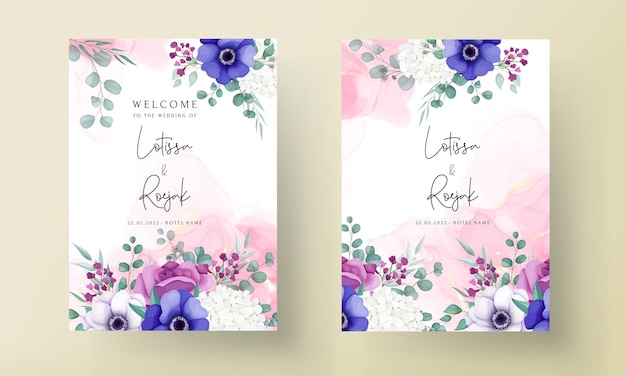 Bellissimo modello di carta di invito a nozze con fiori di rosa e anemone