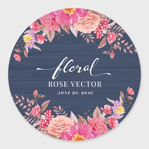 Beautiful Rose Flower and botanical leaf on wood label circle digital painted illustration for love wedding valentines day or arrangement invitation design greeting card