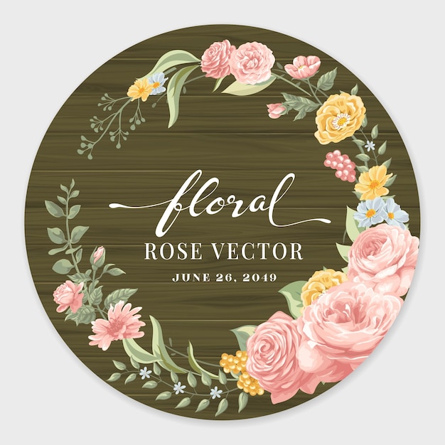 Vector beautiful rose flower and botanical leaf on wood label circle digital painted illustration for love wedding valentines day or arrangement invitation design greeting card