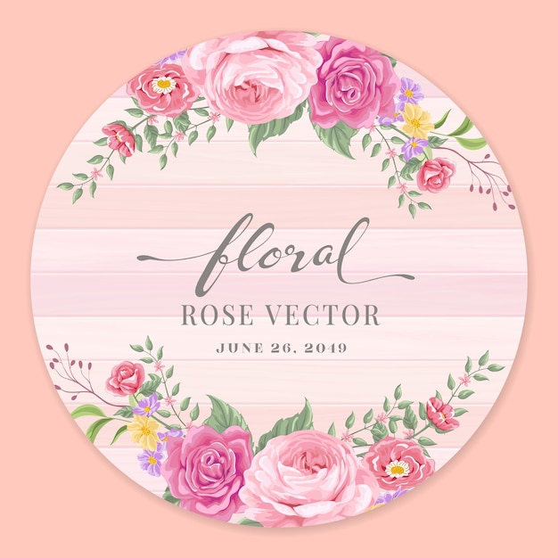 Beautiful Rose Flower and botanical leaf on wood label circle digital painted illustration for love wedding valentines day or arrangement invitation design greeting card