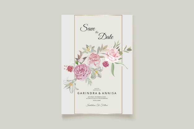 Beautiful roses floral frame wedding invitation card template Premium Vector