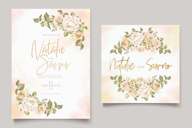 Beautiful roses flower and leaves wedding invitation card set