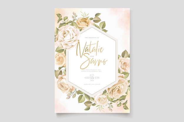 Vector beautiful roses flower and leaves wedding invitation card set