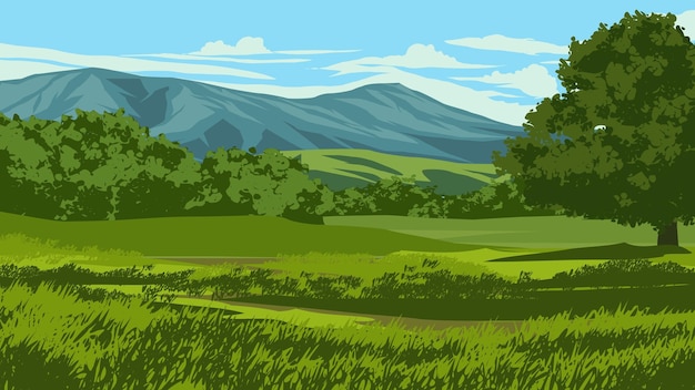 Vector beautiful rural countryside with mountain and meadow