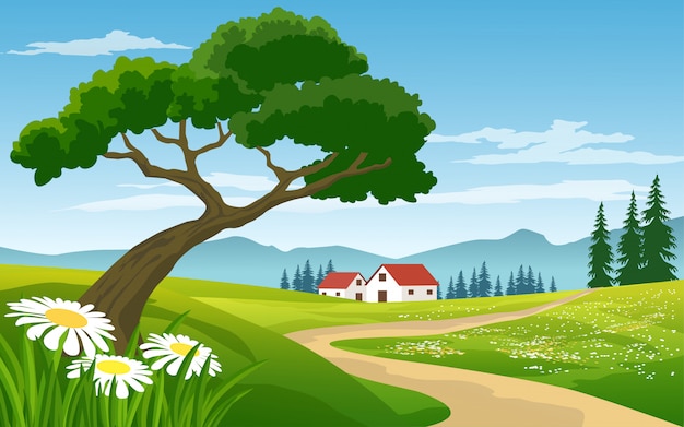 Vector beautiful rural landscape with houses