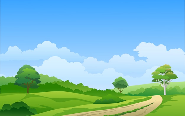 Vector beautiful rural landscape with pasture and path