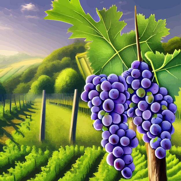 Vector beautiful rural scene with vineyard on hills with trees and bushes against background of the