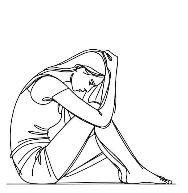 Vector beautiful sad woman sitting one line illustration sketch