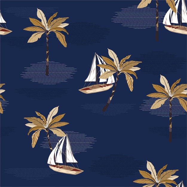 Beautiful sailboat ,palm tree on the ocean  seamless pattern