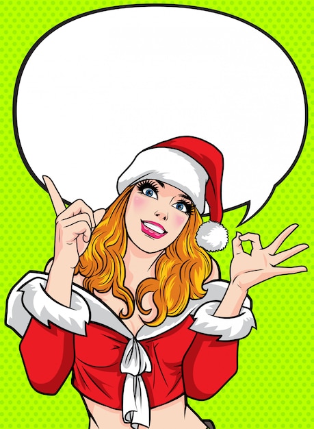 Beautiful santa woman tolking something and hand up ok action