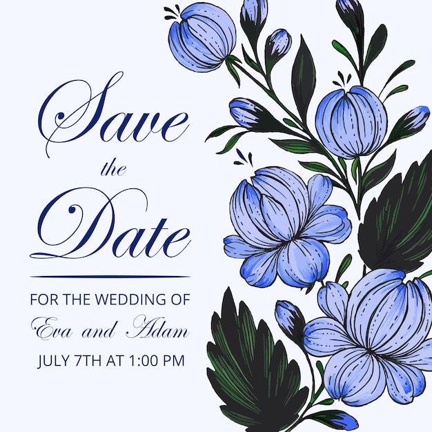 Beautiful save the date card with composition of hand drawn flowers floral frame card