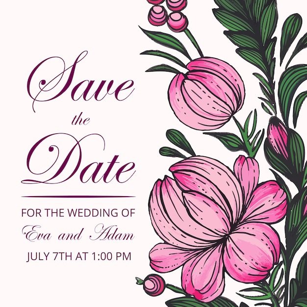 Beautiful save the date card with composition of hand drawn flowers floral frame card