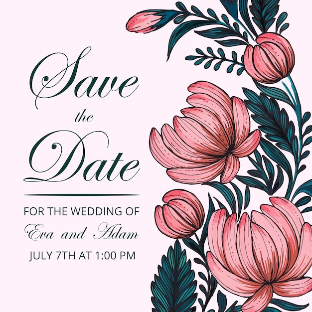 Beautiful save the date card with composition of hand drawn flowers Floral frame card
