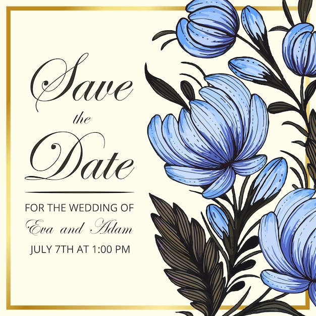 Beautiful save the date card with composition of hand drawn flowers and golden frame