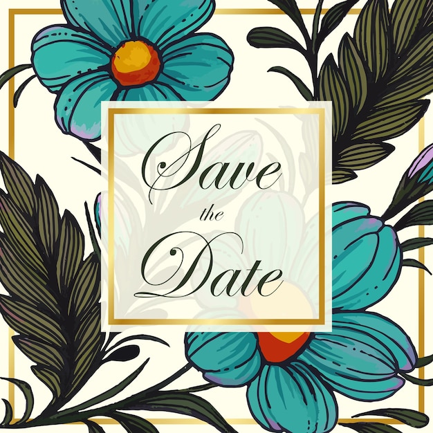 Beautiful save the date card with composition of hand drawn flowers and golden frame