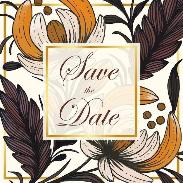 Beautiful save the date card with composition of hand drawn flowers and golden frame.