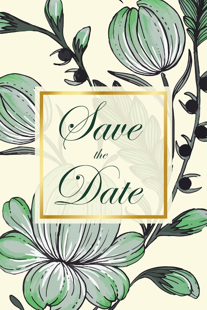 Beautiful save the date card with composition of hand drawn flowers and golden frame