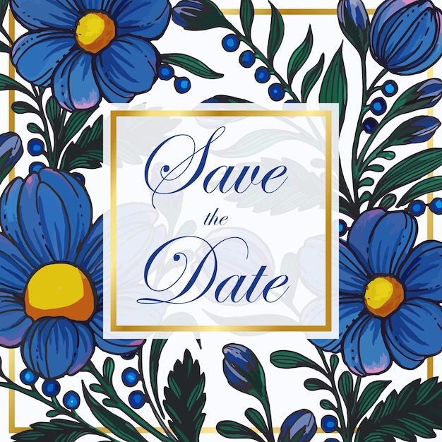 Beautiful save the date card with composition of hand drawn flowers and golden frame