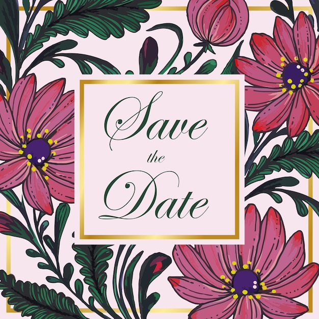 Beautiful save the date card with composition of hand drawn flowers and golden frame