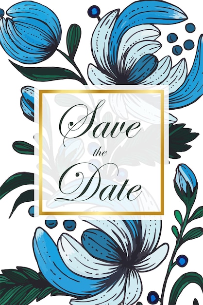 Beautiful save the date card with composition of hand drawn flowers and golden frame