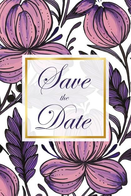 Beautiful save the date card with composition of hand drawn flowers and golden frame.