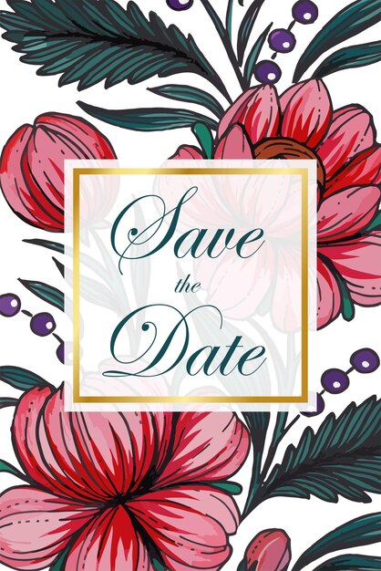 Vector beautiful save the date card with composition of hand drawn flowers and golden frame