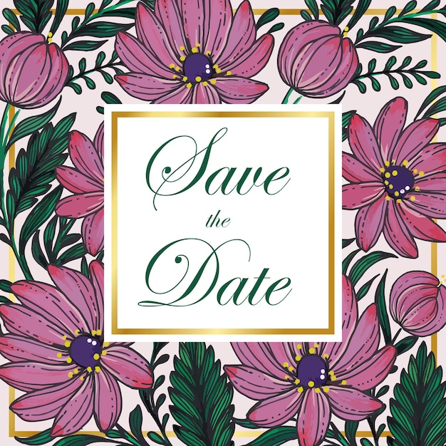 Beautiful save the date card with composition of hand drawn flowers and golden frame