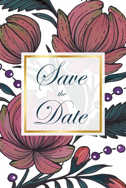 Beautiful save the date card with composition of hand drawn flowers and golden frame