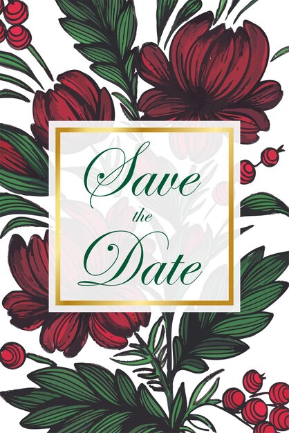 Beautiful save the date card with composition of hand drawn flowers and golden frame