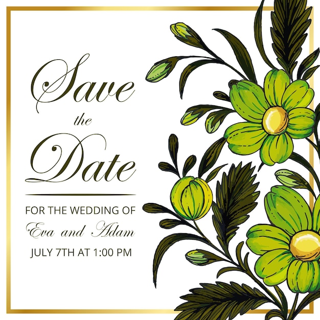 Beautiful save the date card with composition of hand drawn flowers and golden frame