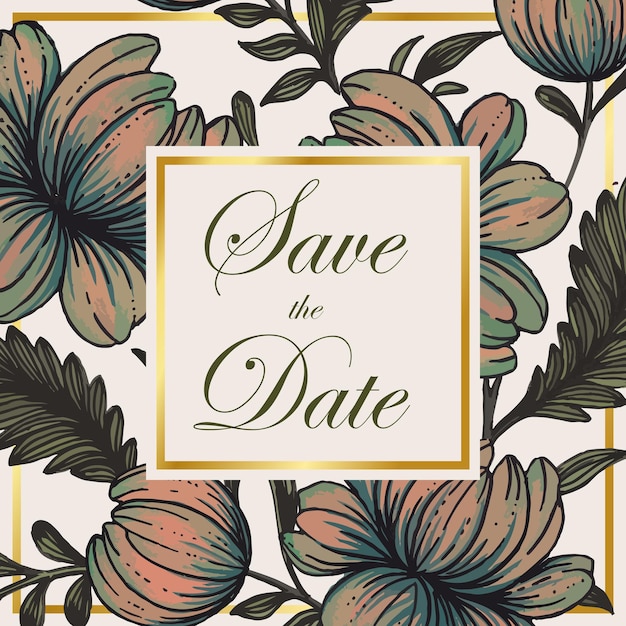 Beautiful save the date card with composition of hand drawn flowers and golden frame