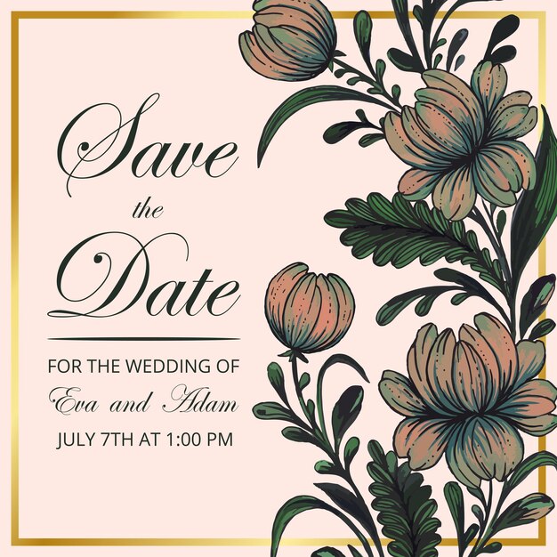 Beautiful save the date card with composition of hand drawn flowers and golden frame