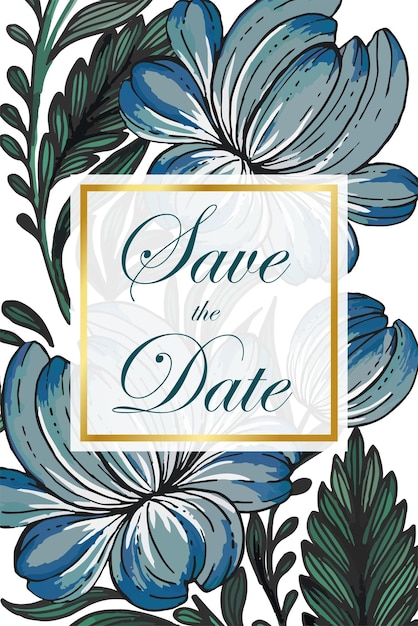 Beautiful save the date card with composition of hand drawn flowers and golden frame