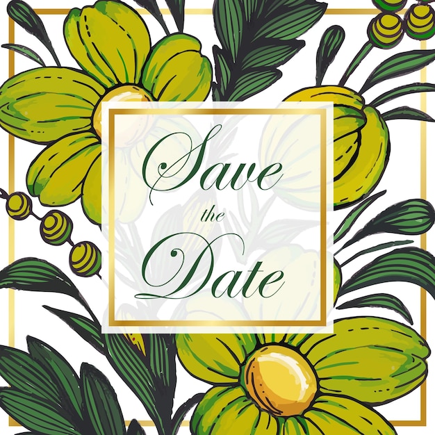 Beautiful save the date card with composition of hand drawn flowers and golden frame