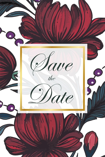 Beautiful save the date card with composition of hand drawn flowers and golden frame