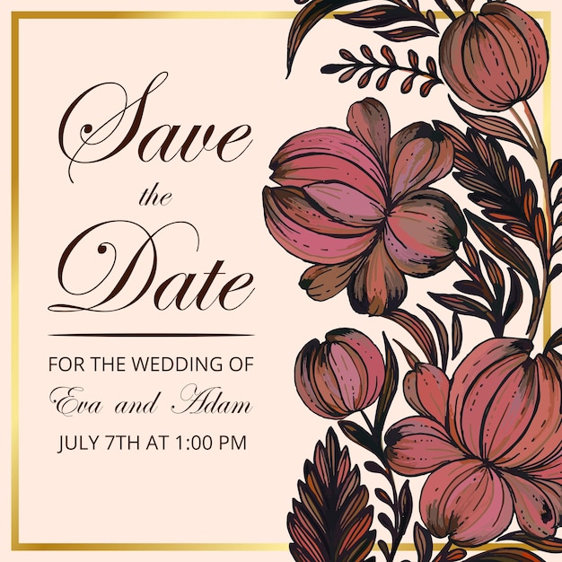 Beautiful save the date card with composition of hand drawn flowers and golden frame