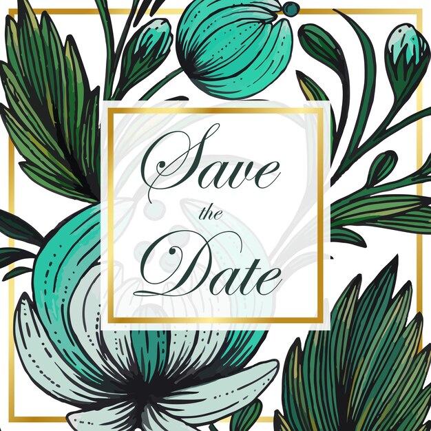 Beautiful save the date card with composition of hand drawn flowers and golden frame