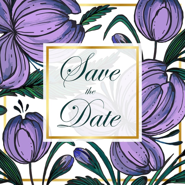 Beautiful save the date card with composition of hand drawn flowers and golden frame