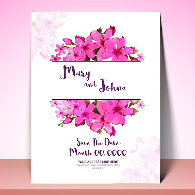 Beautiful save the date template or wedding invitation card layout decorated with pink watercolor flowers