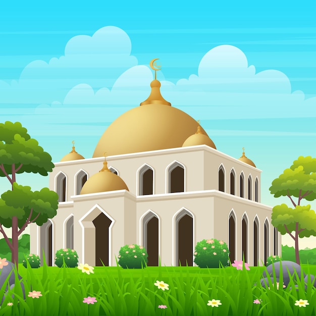 Vector beautiful scene of mosque with nature park, green lawn, bush and trees vector illustration