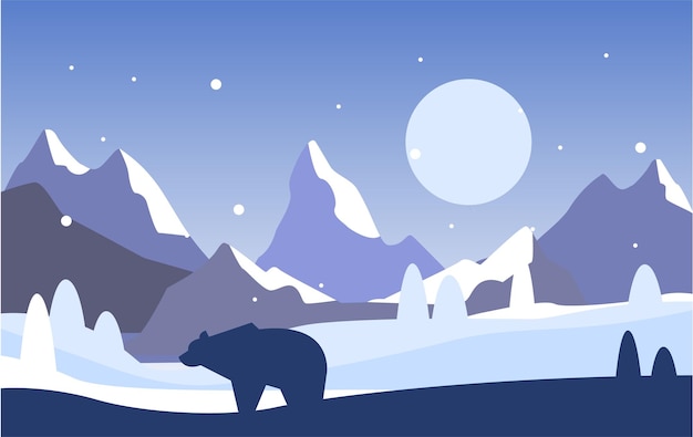 Beautiful scene of nature peaceful winter mountain landscape with bear at night template for banner