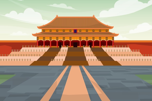 Вектор Красивая сцена запретного города в пекине, известный памятник в китае, одна из известных достопримечательностей в азии, открытка с дизайном туристической достопримечательности или туристический плакат, векторная иллюстрация .