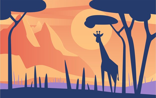 Вектор Красивая природа, мирный пейзаж саванны с жирафом на закате