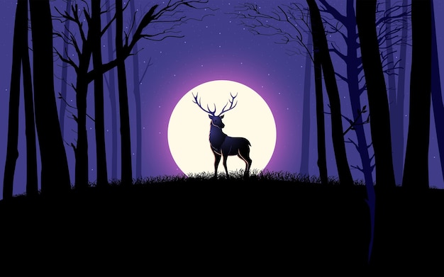 Beautiful scenery of a deer during full moon in the woods