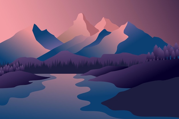 Vector beautiful scenery of mountains and lakes illustration