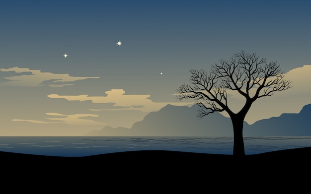 Beautiful scenery with tree silhouette with cloudy night sky