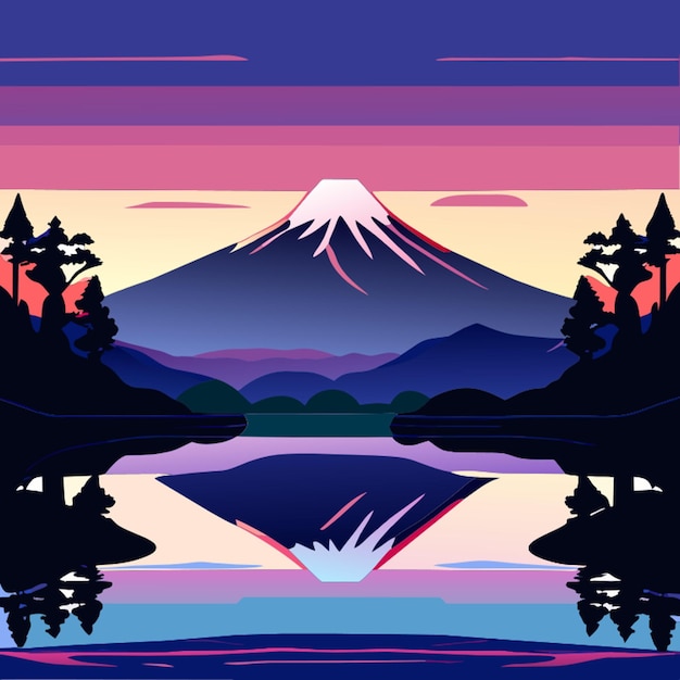 Vector beautiful scenic landscape of mountain fuji or fujisan with reflection on shoji lake at dawn