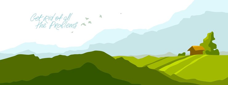 Vector beautiful scenic nature landscape vector illustration summer or spring season with grasslands meadows hills and mountains, hiking traveling trip to the countryside concept.