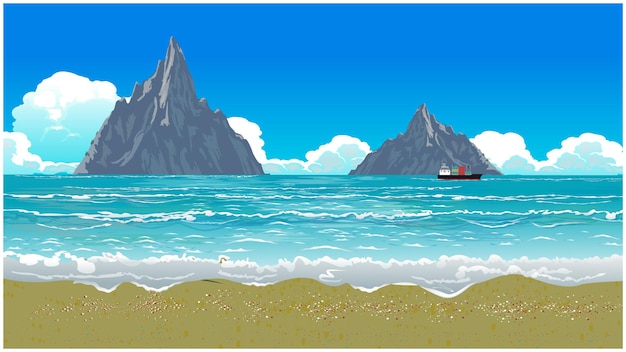 Vector beautiful sea beach landscape and hills inside the ocean natural beauty.