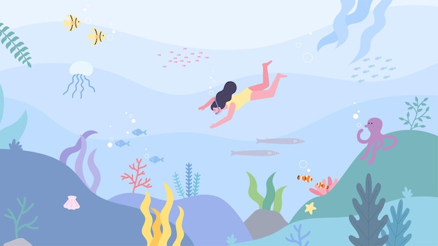 In the beautiful sea A diver is traveling underwater Various marine creatures in the sea